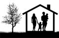 Silhouettes of family with children in the house near tree, vector illustration.