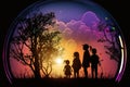 Silhouettes of a family in nature watching a charming sunset. Generative AI