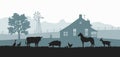 Silhouettes of farm animals. Rural landscape with cow, horse and pig. Village panorama for poster. Farmer house