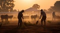 The silhouettes of farmers tending to crops, livestock, and traditional crafts