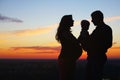 Silhouettes of father and son and a pregnant mom at sunset