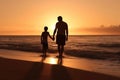 Silhouettes of father and son on sunset sea background. Generative AI Royalty Free Stock Photo