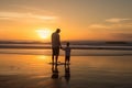 Silhouettes of father and son on sunset sea background. Generative AI Royalty Free Stock Photo