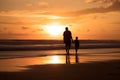 Silhouettes of father and son on sunset sea background. Generative AI Royalty Free Stock Photo