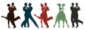 Silhouettes of five couples wearing clothes in the style of the twenties dancing retro music Royalty Free Stock Photo