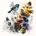 Silhouettes flowers and birds, watercolor painting spring summer colored background, generated ai