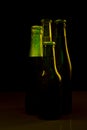 Silhouettes of four beer bottles on a black background and lit with green light