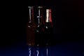 Silhouettes of four beer bottles on a black background, set on a blue shiny surface