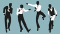 Silhouettes of four elegant man wearing vintage style clothes dancing retro dance