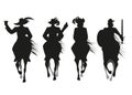 Silhouettes of four horsemen and knights dressed in ancient clothes isolated on white background