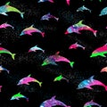 Silhouettes of galaxy dolphin on a black background seasmless pattern
