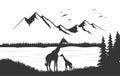 Silhouettes of giraffes landscape in the savanna. Vector illustration Royalty Free Stock Photo