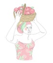 Silhouettes of a girl in a headscarf. The lady is holding a basket of apples in her hands. Woman in modern one line style. Solid l