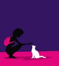 Silhouettes. Girl playing with a white cat.