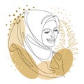 Silhouettes of a girl`s head and a leaf of a plant. Lady in hijab, scarf, arabic muslim headdress, headscarf. Female face in moder