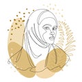 Silhouettes of a girl`s head and a leaf of a plant. Lady in hijab, scarf, arabic muslim headdress, headscarf. Female face in moder