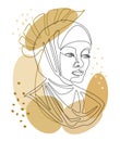 Silhouettes of a girl`s head and a leaf of a plant. Lady in hijab, scarf, arabic muslim headdress, headscarf. Female face in moder