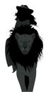 Silhouettes of girl wearing a hat adorned with a flower, riding on the back of a domesticated lion, isolated on white background