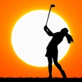 Silhouettes golfer with sunset