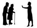 Silhouettes of grandparents and doctor showing stop gesture