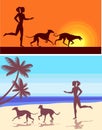 Silhouettes of greyhounds and girl