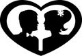 Silhouettes of groom and bride in heart. Black against white background. Vector