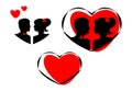 Silhouettes of groom and bride in heart. Icons set. Vector