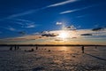 Silhouettes of a group of men fishermen on winter fishing Royalty Free Stock Photo