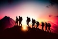 silhouettes Group of people on peak mountain climbing. Generative AI