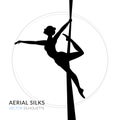 Silhouettes of a gymnast in the aerial silks. Vector illustration on white background. Air gymnastics concept Royalty Free Stock Photo