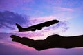 Silhouettes of hand and airplane sunset background