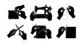 Sewing and tailoring hands working with fabric scissors thread and needle vector icons set Royalty Free Stock Photo