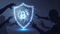 Silhouettes of hands reaching towards a glowing digital shield with a lock symbol and binary code in a dark blue background Royalty Free Stock Photo