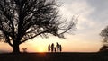 Silhouettes of happy family walking in the meadow near a big tree during sunset.