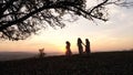 Silhouettes of happy family walking in the meadow near a big tree during sunset. Royalty Free Stock Photo