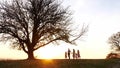 Silhouettes of happy family walking in the meadow near a big tree during sunset.