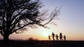 Silhouettes of happy family walking together in the meadow during sunset Royalty Free Stock Photo