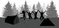 Silhouettes of happy jumping people in forest. Camping, nature. Vector illustration Royalty Free Stock Photo