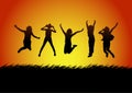 Silhouettes happy jumping women with the light of sunset background, vector illustration