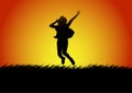 Silhouettes happy jumping women with the light of sunset background, vector illustration