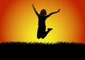 Silhouettes happy jumping women with the light of sunset background, vector illustration