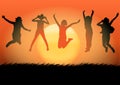 Silhouettes happy jumping women with sunrise background vector illustration