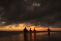 Silhouettes of the horse riders on the beach at sunset.