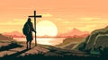 Silhouettes of human at the cross at sunset, generative AI.