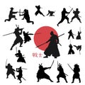 Silhouettes of japanese warriors, samurai, ninjas, fight scenes, hieroglyph \