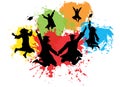 Silhouettes of jumping graduates in square academic caps and mantles on background of colorful splashes. Vector illustration