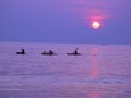 Silhouettes of kayakers in India sunset