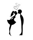 Kissing couple of young lovers . Romantic couple silhouette. Lovers woman and man kissing. Silhouettes of kissing boy and girl Royalty Free Stock Photo