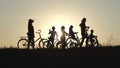 Silhouettes of a large large family waving their hands to the sun with bicycles and dogs at sunset.