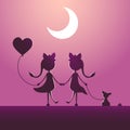 Silhouettes of LGBT couple walking in the moonlight. Royalty Free Stock Photo